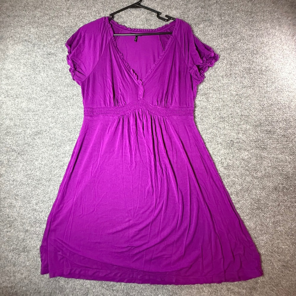 Daisy Fuentes Magenta Purple Smocked Empire‎ Waist V-Neck Ruffle Mini Dress L